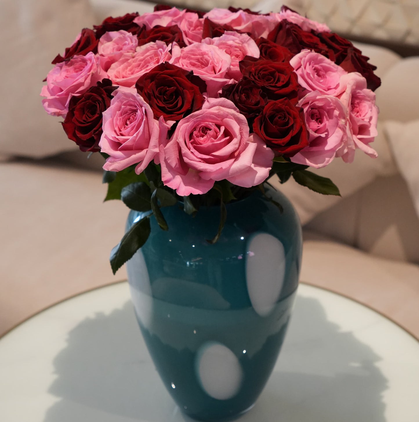 Classic Pink Red Rose Bouquet in Teal Ceramic Vase