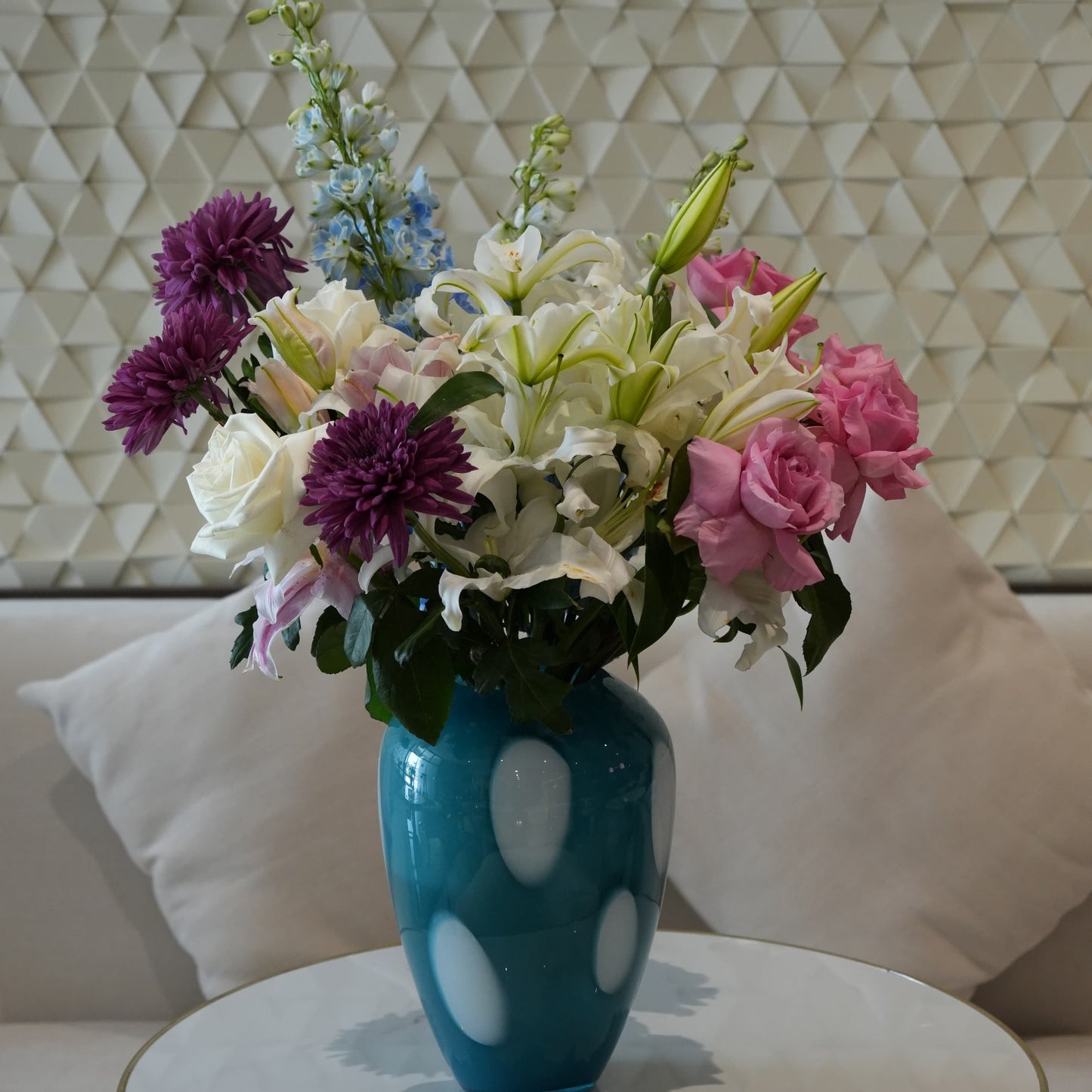 Elegant Mixed Bloom Arrangement in Teal Designer Vase