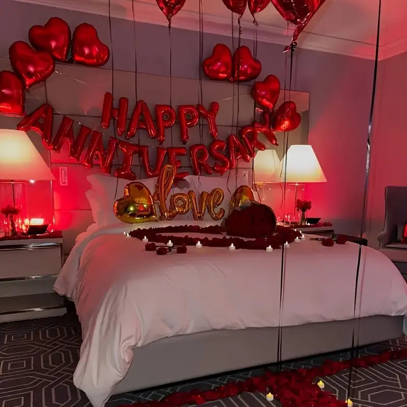 Romantic Anniversary Room Decoration – Red Gold Love Theme