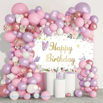 Pink Purple Butterfly Balloon Arch with 2D Happy Birthday Banner