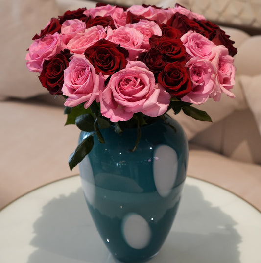 Classic Pink Red Rose Bouquet in Teal Ceramic Vase