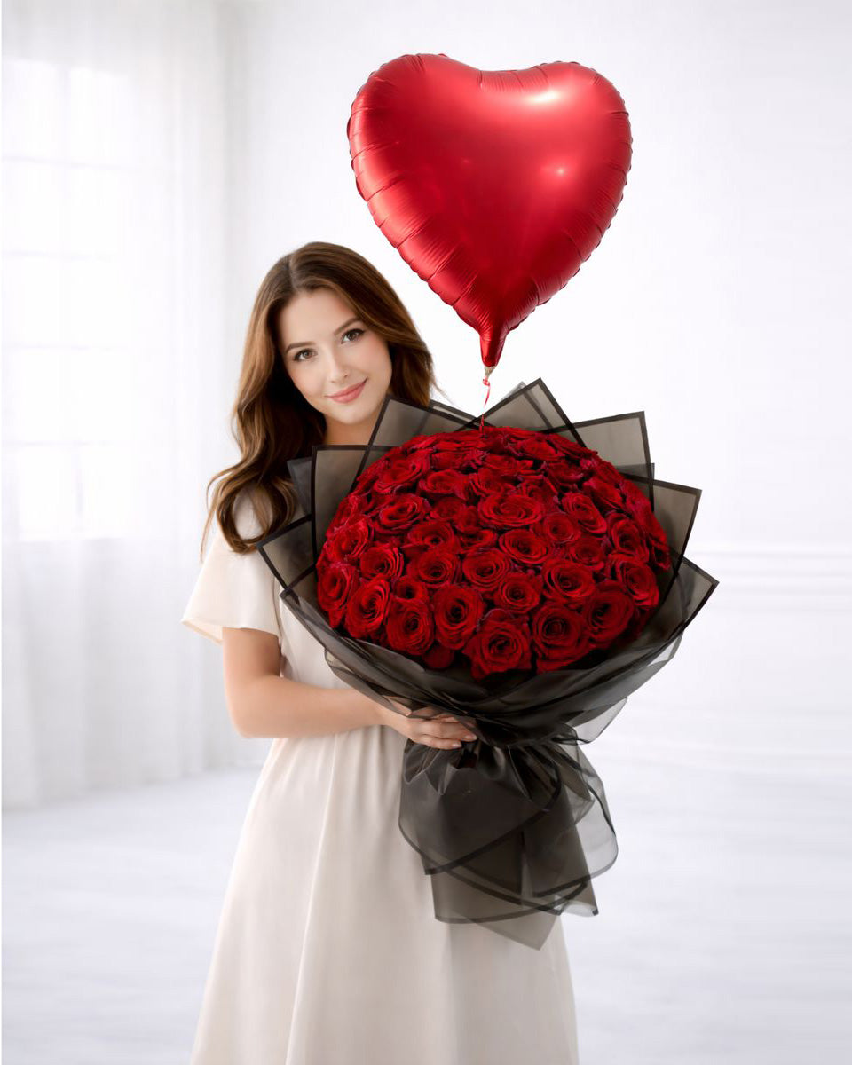 Heartfelt Grandeur – Red Rose Bouquet with Heart Balloon