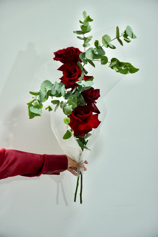 Crimson Whisper – Red Roses Eucalyptus Bouquet